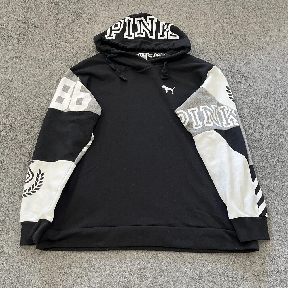 PINK Victoria's Secret Black White Colorblock Hoodie Pullover Women's Size Large